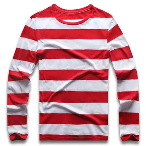 Футболка мужская в полоску с длинным рукавом, рубашка с круглым вырезом, повседневная майка с черными и белыми полосками, красная, белая