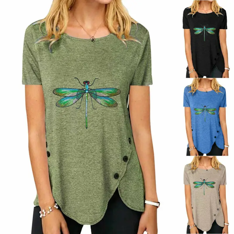 

Women's T-Shirt Dragonfly Irregular Button Short Sleeve Round Neck Print Tops