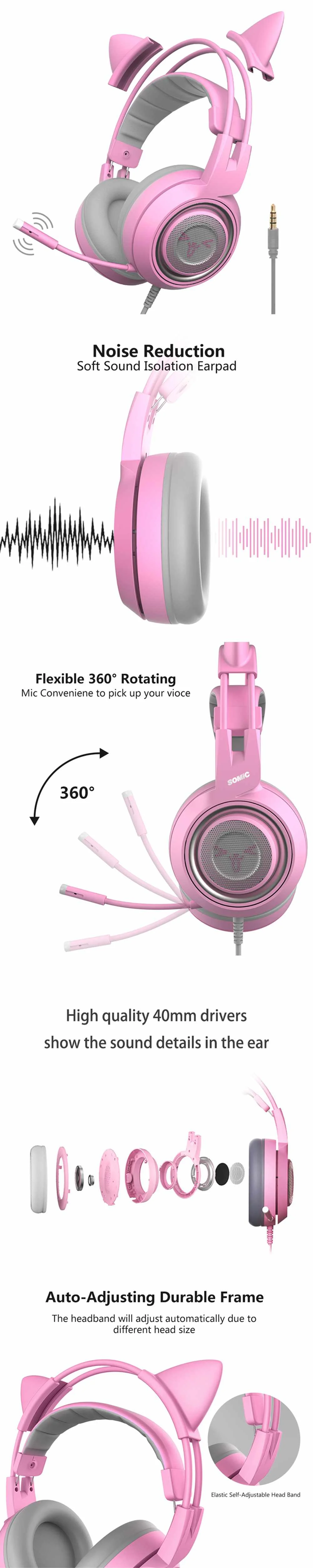 SOMiC G951S Игровые наушники 3,5 мм+ USB DJ глубокий бас Кот в наушниках с микрофоном для компьютера Профессиональный геймер