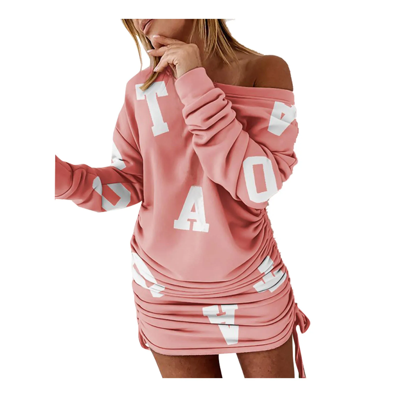 

Women's Drawstring Bodycon Dresses Print Pullover Long Sleeve Dress 2021 Summer O Neck Party Dress Ladies Sexy Mini Dresses C2