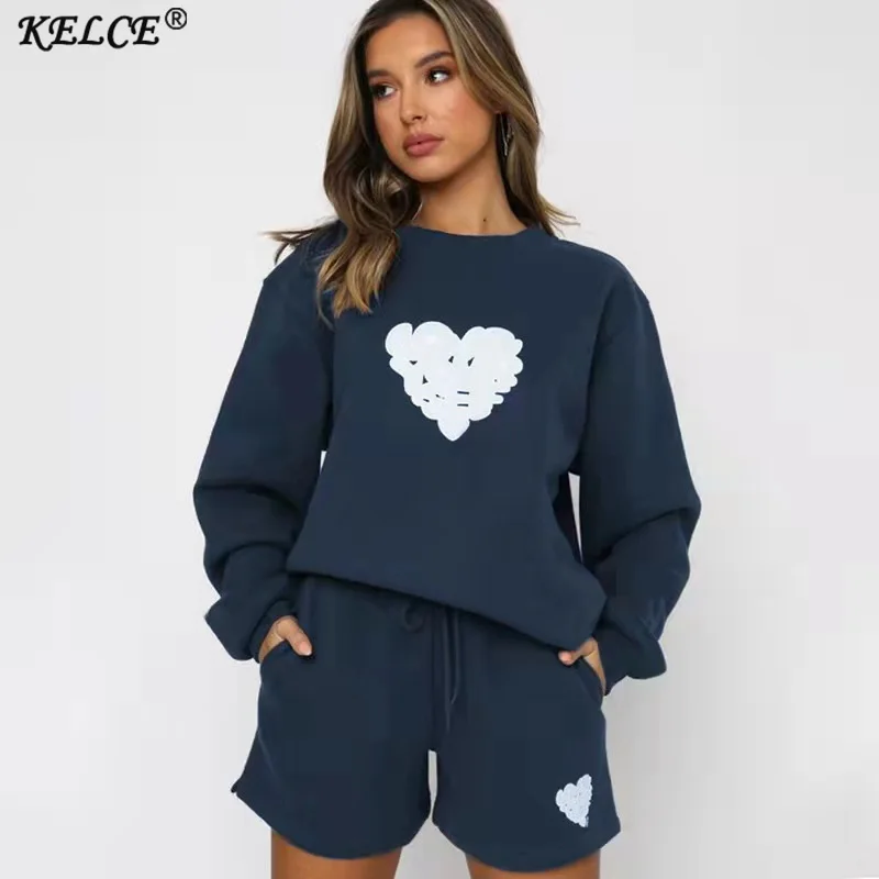 

KELCE New Fashion Women Tracksuit Autumn Winter Casual Sweatshirt Shorts 2 Peice Set Women's Outfits Printed Long Sleeve Sweater