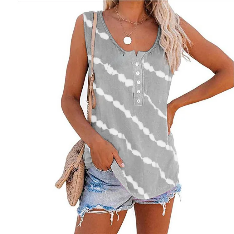

2021 new summer women's clothing round neck casual diagonal stripes neckline button sleeveless T-shirt vest