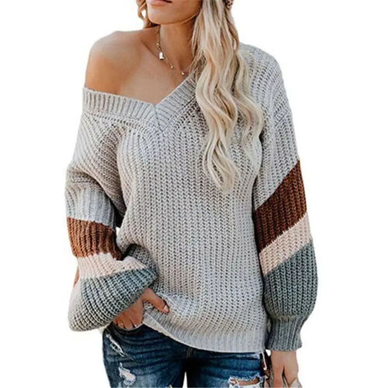 

Stripe Sweater Jumper Batwing V-Neck Womens Blouse Ladies Tops Pullover Knit