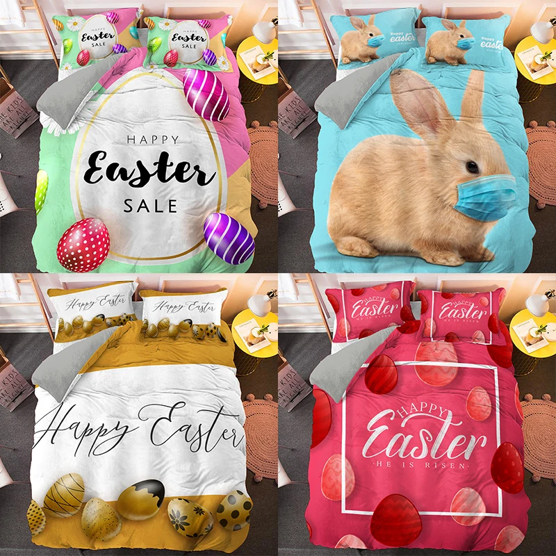 

High Quality Cartoon Printed Bedding Set for All Seasons Down 2/3pcs Happy Easter Pattern Super Soft Duvet Cover With pillowcase