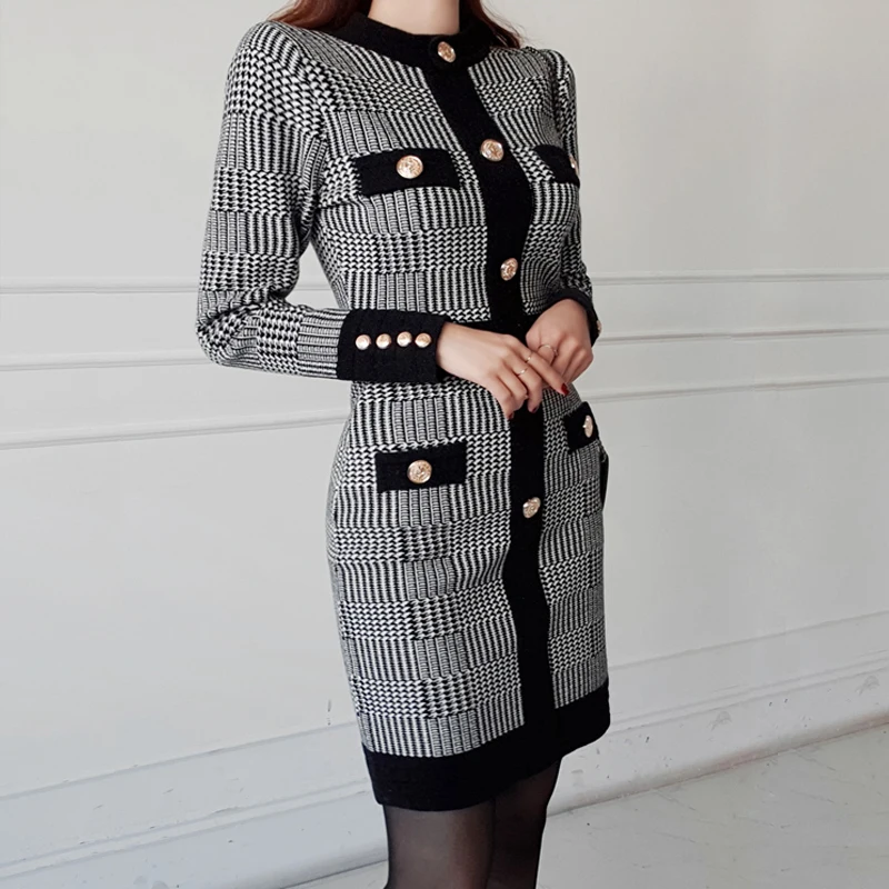 

Autumn Winter Vintage Houndstooth Patchwork Office Work Vestidos with Button Business Party Women Bodycon Sweater Dress