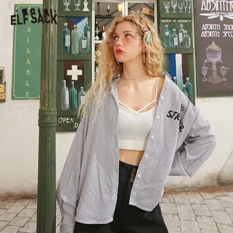 Женская рубашка в полоску ELFSACK черная Повседневная большого размера с длинными