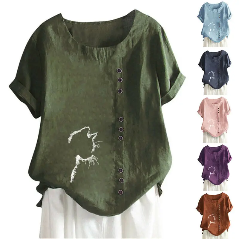 

Summer Womens Fashion Cat Print Short Sleeve Button T-shirt Ladies Loose Casual Round Neck Tops Female