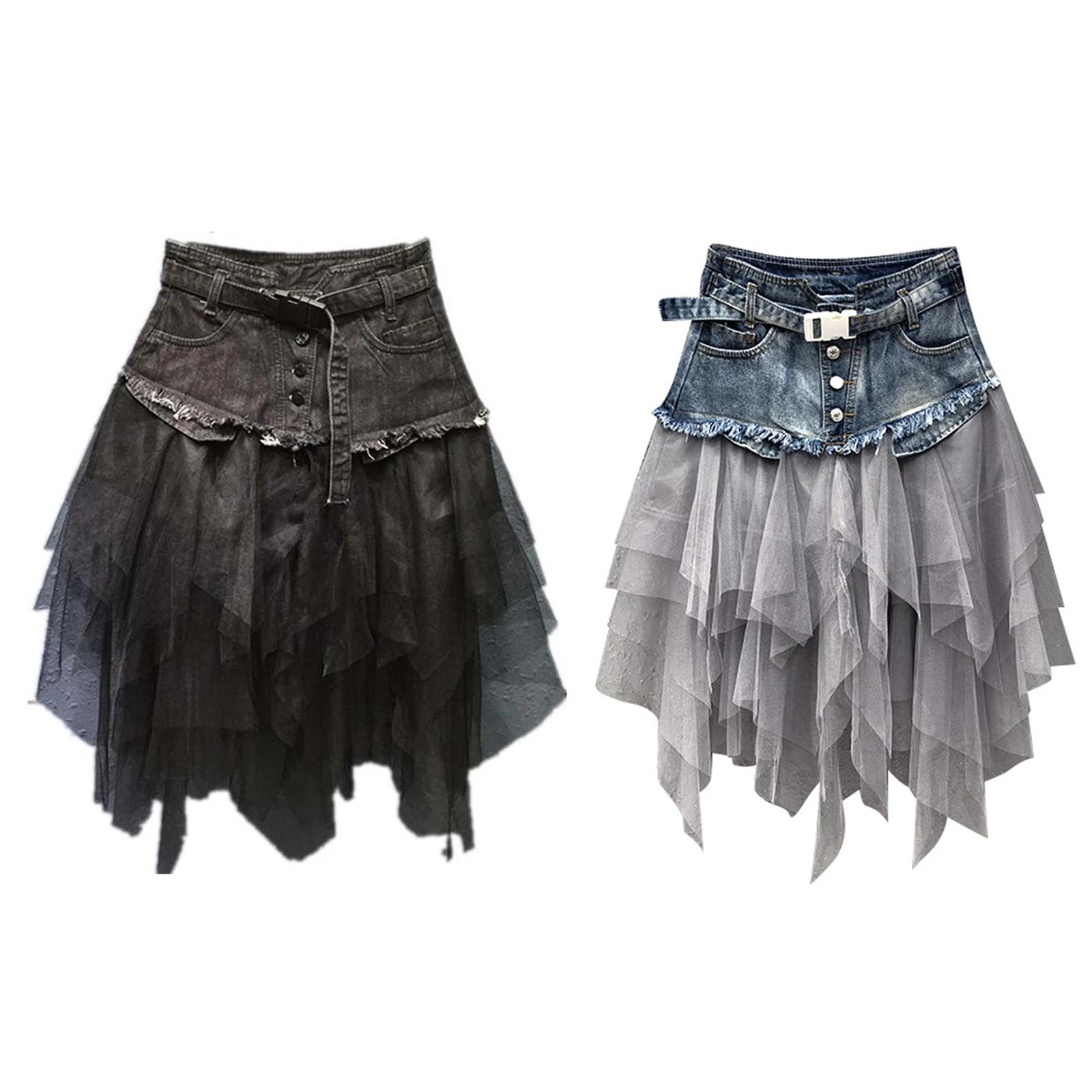 

Women's Sexy Skirt, High Waist Denim Mesh Splicing Half Dress, Casual Button Waistband Decoration Clothing