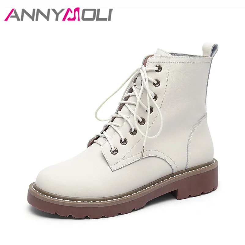 

FOREADA Real Leather Motorcycle Boots Woman Med Heel Ankle Boots Lace Up Short Boots Platform Block Heel Shoes Female Beige 41