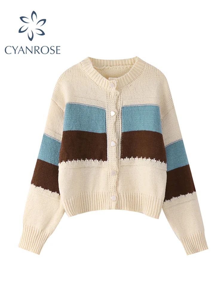 

2021 New Women Patchwork Knitted Cardigan Sweaters Single Breasted Korean Style Loose Casual Vintage Harajuku Ladies Sweater Top