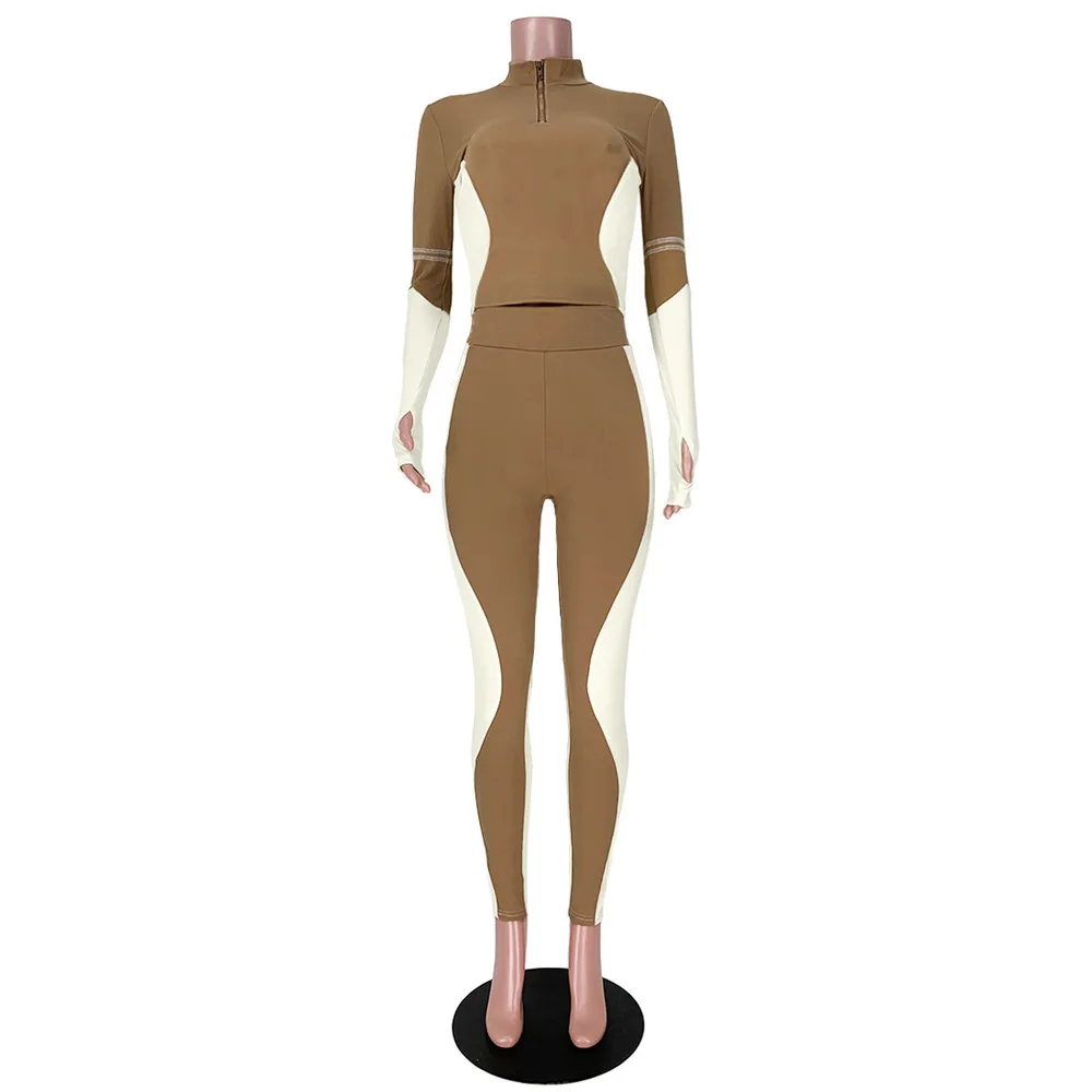 

Zipper Up Front Long Sleeve Bandage Tops Color Block Leggings Casual Two Piece Sets for Women Skinny Matching Outfits Streetwear