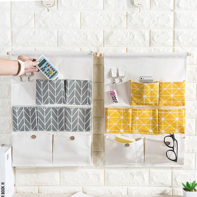 Cotton And Linen Hanging Bag Seven Grid Pockets Can Be Hanged Key Storage Door Wall Hook |