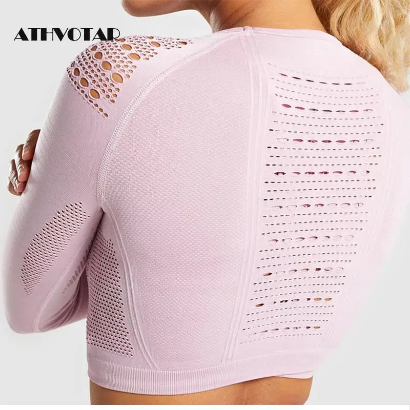 Женский бесшовный укороченный топ ATHVOTAR Спортивная футболка с длинным рукавом