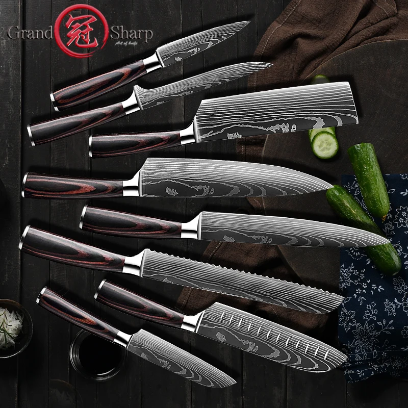 Шеф-нож Grandsharp высокоуглеродистые кухонные ножи лазерный узор Дамаска японский