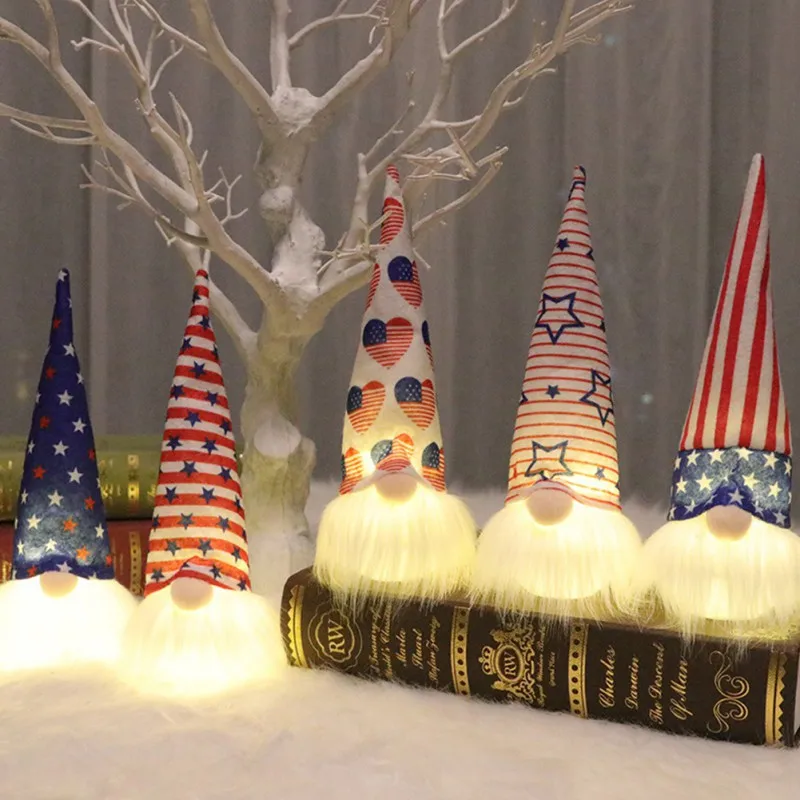 

US Independence Day Patriotic Gnome Doll Decorations Patriotic & Veterans Day /Figurine For 4th Of July Gift With Lamp