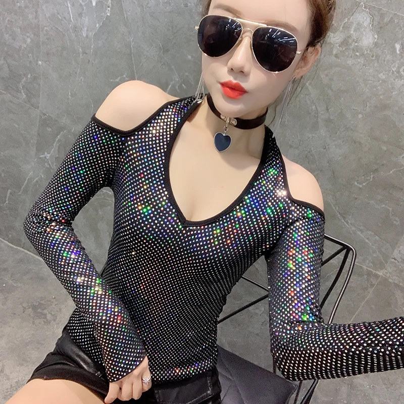 Silver Color tshirt Модная сексуальная блестящая Рождественская футболка с открытыми плечами и пайетками для женщин, осень, топы с длинным рукавом, одежда Camiseta Mujer Tee T9N405 - Цвет: Silver Color tshirt