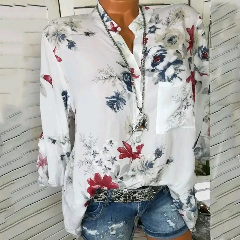 2019 Осенняя женская рубашка модная с v-образным вырезом длинными рукавами