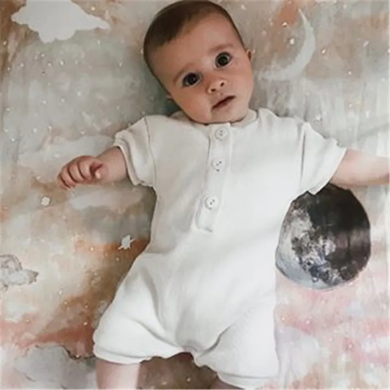 

2020 Boys Girls Cotton Romper Infant Baby Summer New Solid Short Sleeve Button Jumpsuit Playsuit Overalls Summer Outfit 0-12M