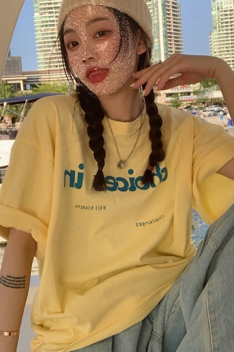 Футболка молочно-желтого цвета с коротким рукавом женская одежда Новинка лета 2021