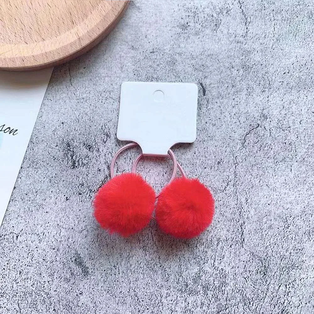 Juego de 2 unids/set de bolas de pomp&oacute;n de 3cm, Cuerdas el&aacute;sticas para el pelo para ni&ntilde;a, lazos para el pelo de bola de piel de conejo, bandas el&aacute;sticas para el pelo de invierno para ni&ntilde;a-5