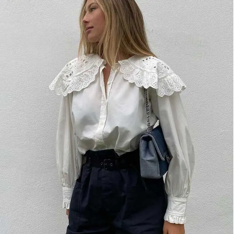 

ruffled cotton shirt oversized collar blouse women wide anglaise long sleeve women tops fashion puff sleeve top