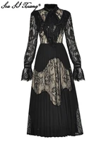 seasixiang fashion designer spring dress women bow collar flare sleeve lace patchwork vintage black midi dresses
