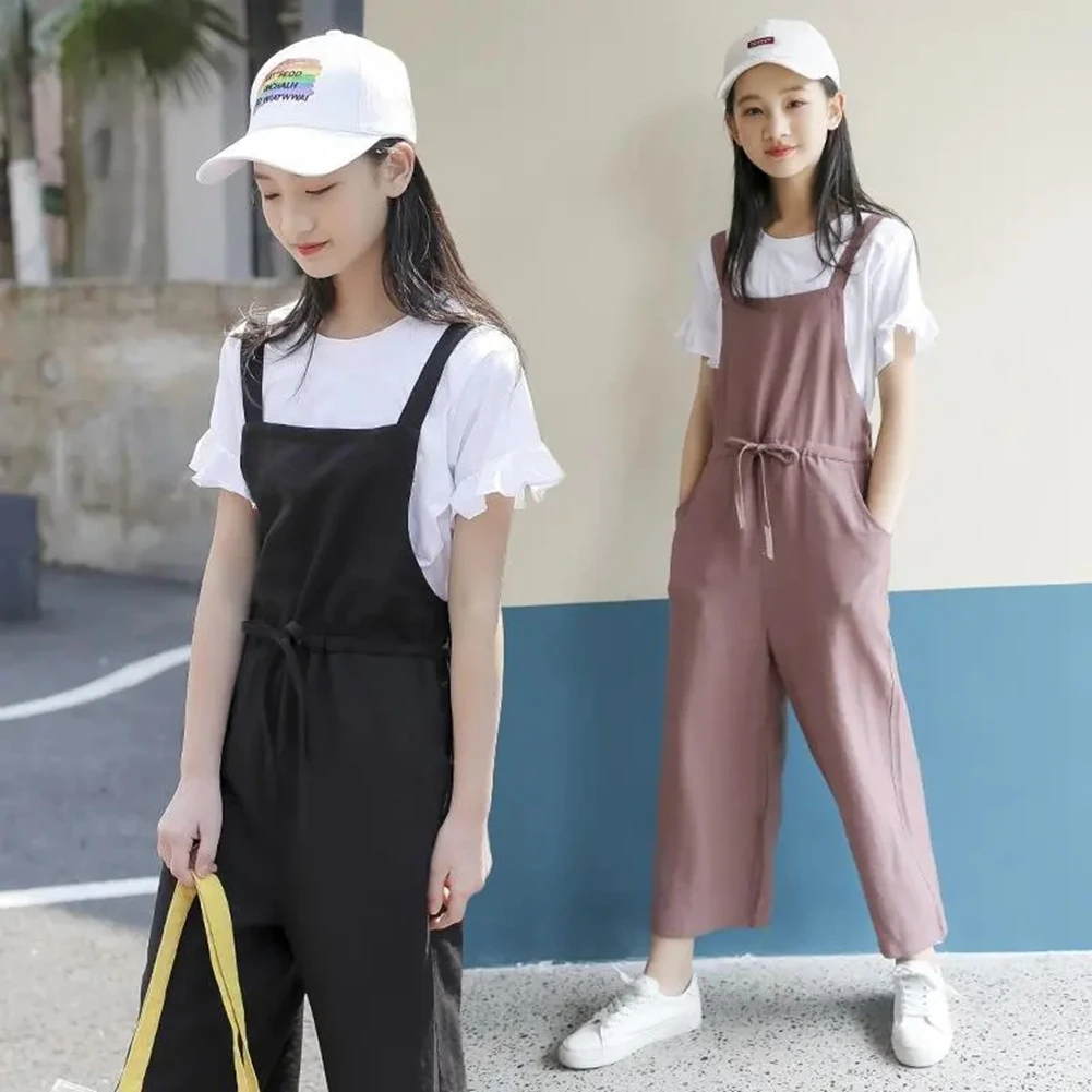 

New Fashion Teenage Girls Clothes Sets Kids Casual Pants Overalls + White T Shirts 6-15Years Children Clothes Outfits 10 12 14