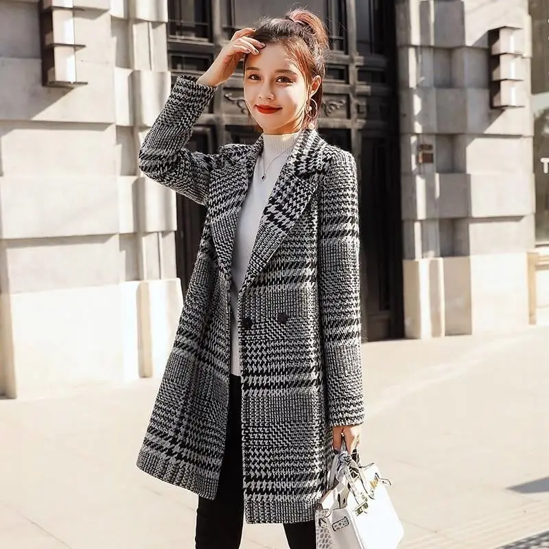 

Spring Women Thick Coats Jacket Plaid Pattern Loose Long Sleeves Overcoat 2023 Ladies Elegant Autumn Woolen Coats