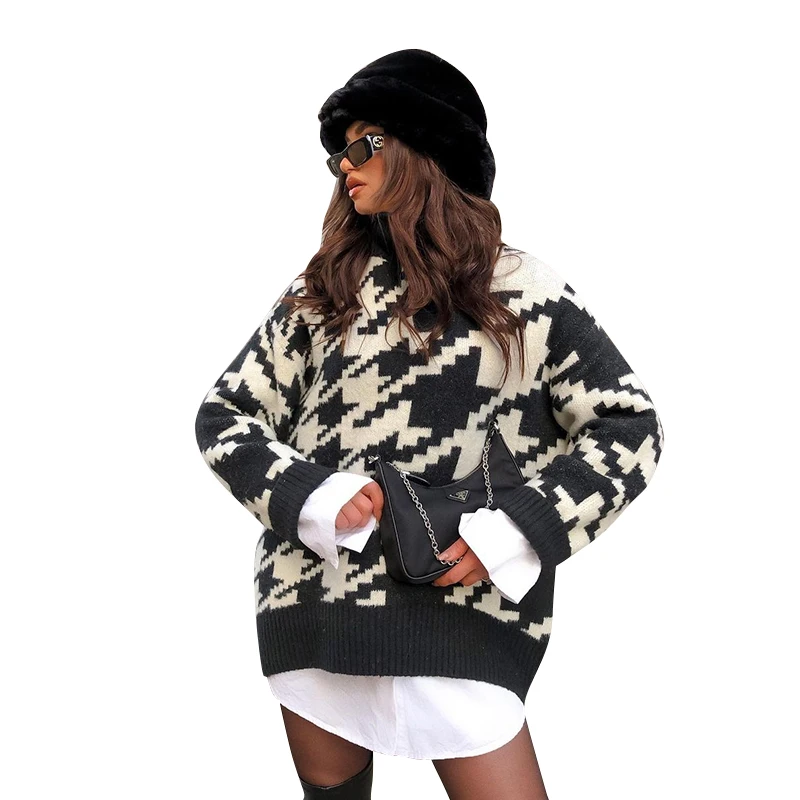 

Houndstooth Turtleneck Sweater Women Loose Warm Knitted Pullover Women 2021 Autumn Green Black Elegant Sweaters Female LD1968