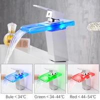 led light basin faucets glass waterfall bathroom faucet deck mounted wash sink taps color changes temperature hot and cold tap