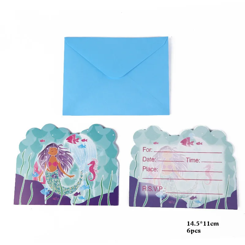 Invitation cards Русалочка, украшения для дня рождения, Детская одноразовая посуда, бумажный стаканчик, тарелки, тканевая скатерть, соломинки, товары для девочек - Цвет: Invitation cards