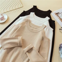 ljsxls sexy off shoulder knitted sweater women solid slim pullover sweater white black jumpers 2022 autumn winter female tops