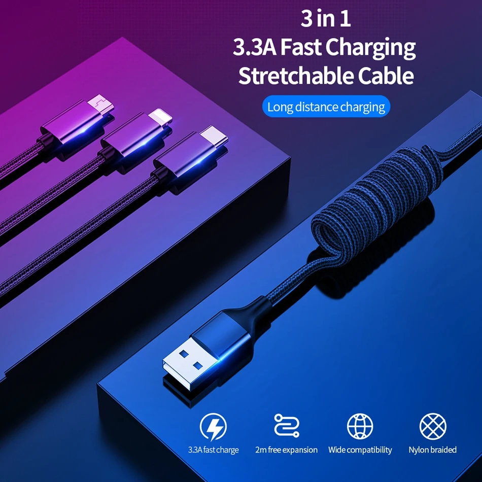 ROCK 3 в 1 USB кабель выдвижной пружинный кабель для iPhone samsung Xiaomi 3.3A Быстрая зарядка type-C кабель для передачи данных кабель