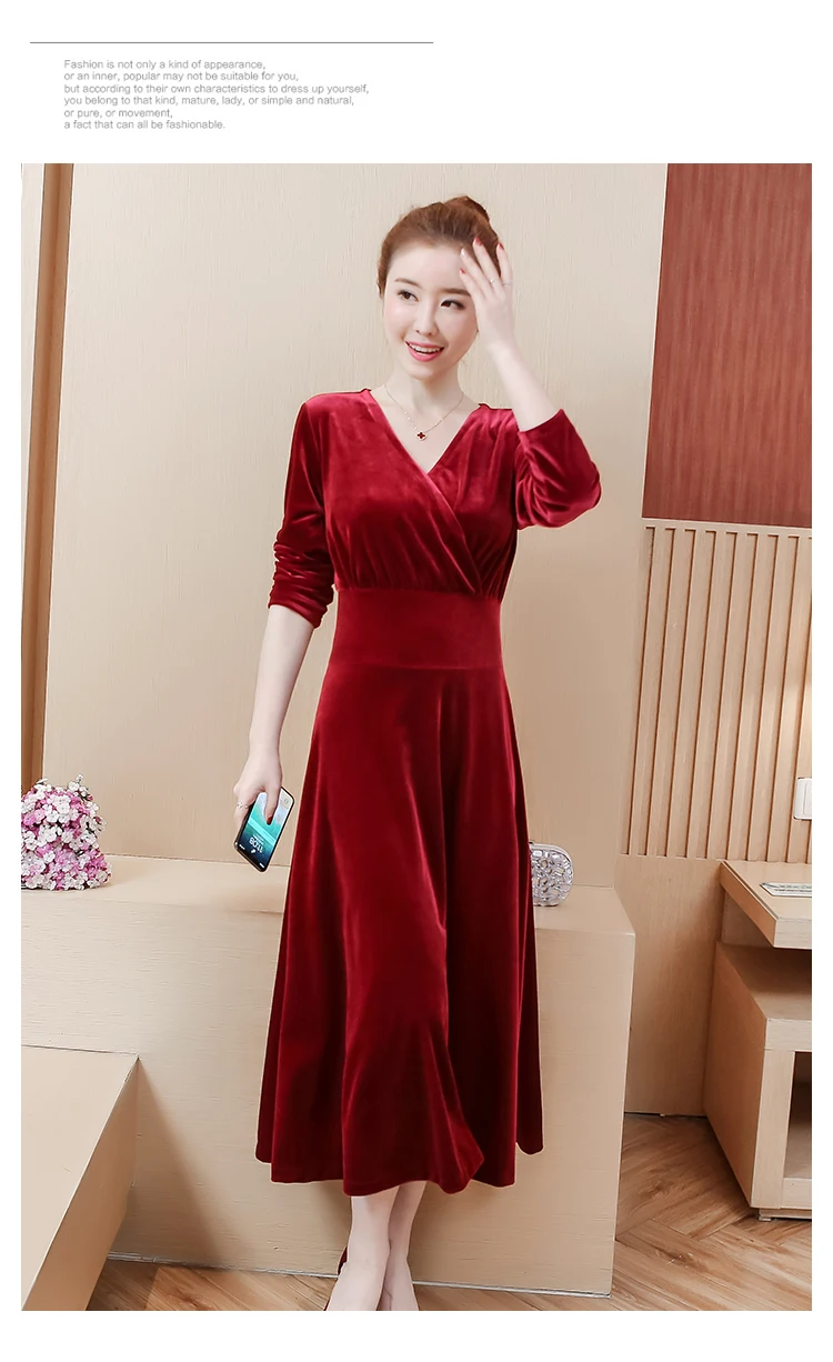 women velvet plus size L-5XL dress XXL XXXL 3XL XXXXL 4XL V-neck 2021 autumn winter A-Line Skater slim Casual Swing midi dresses | Женская