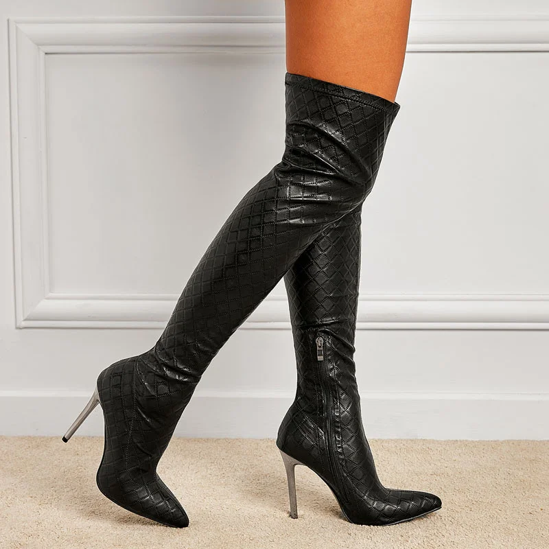

2022 New Stretch Snake Leather Thigh High Boots Sexy Slim Over the Knee Boots Women's Fashion High Heels Black Fetish Long Shoes