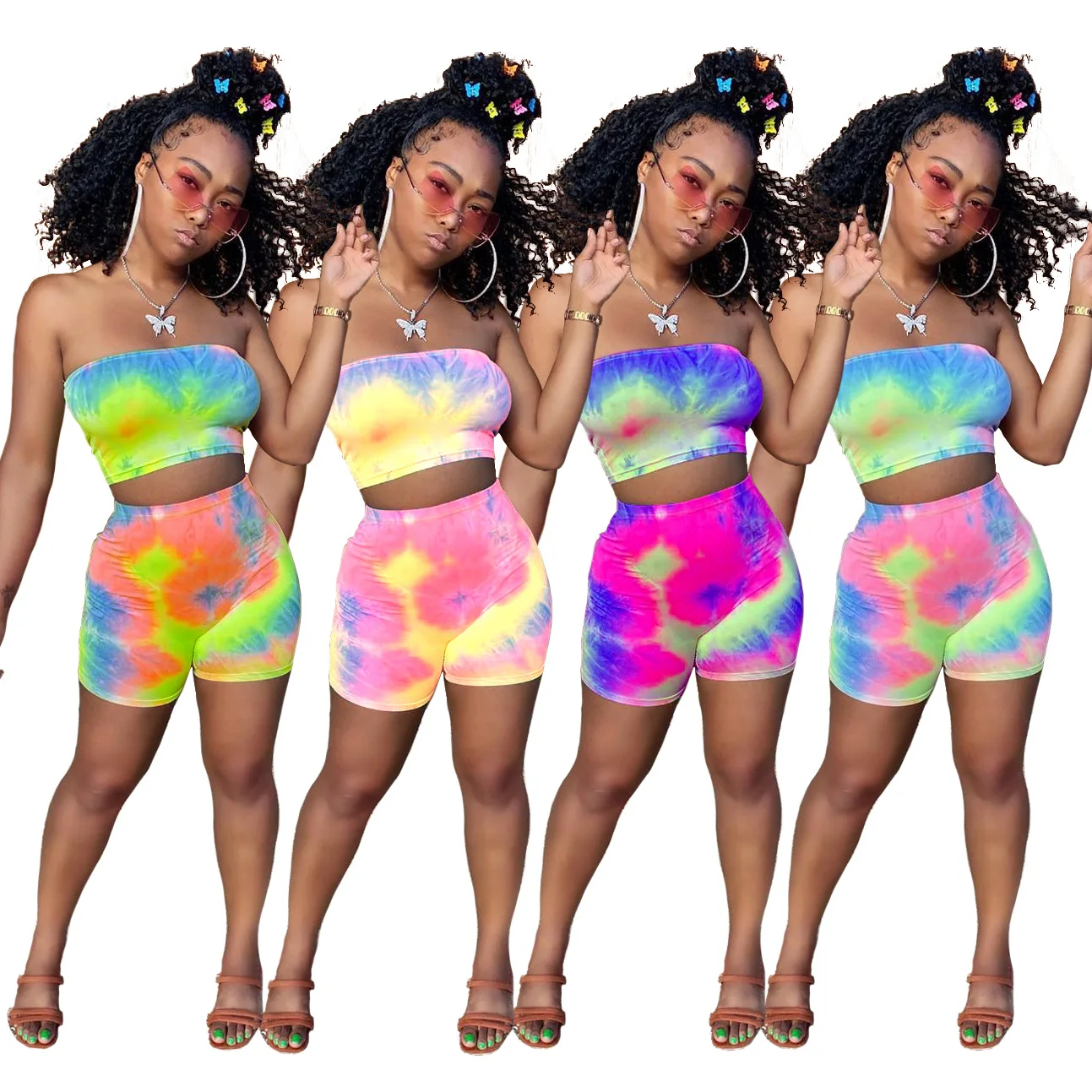 

2020 Summer Women's Suit European and American Hot Style Model Tie-dye Print Strapless Sexy Bra & Biker Shorts Two Piece Set