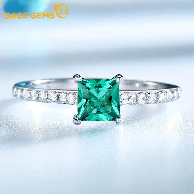 

SACE GEMS Solid 100%925 Sterling Silver Rings for Women Created Emerald Sky Blue Topaz Ring Wedding Engagement Band Fine Jewelry