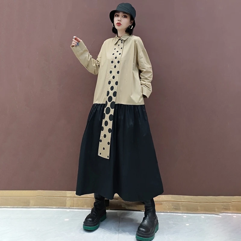 

SHENGPLLAE Elegant Contrast Color Dress Women's Spring 2021 New Lapel Large Size Dot Patchwork Long Sleeve Mid-calf Dresses 5B80