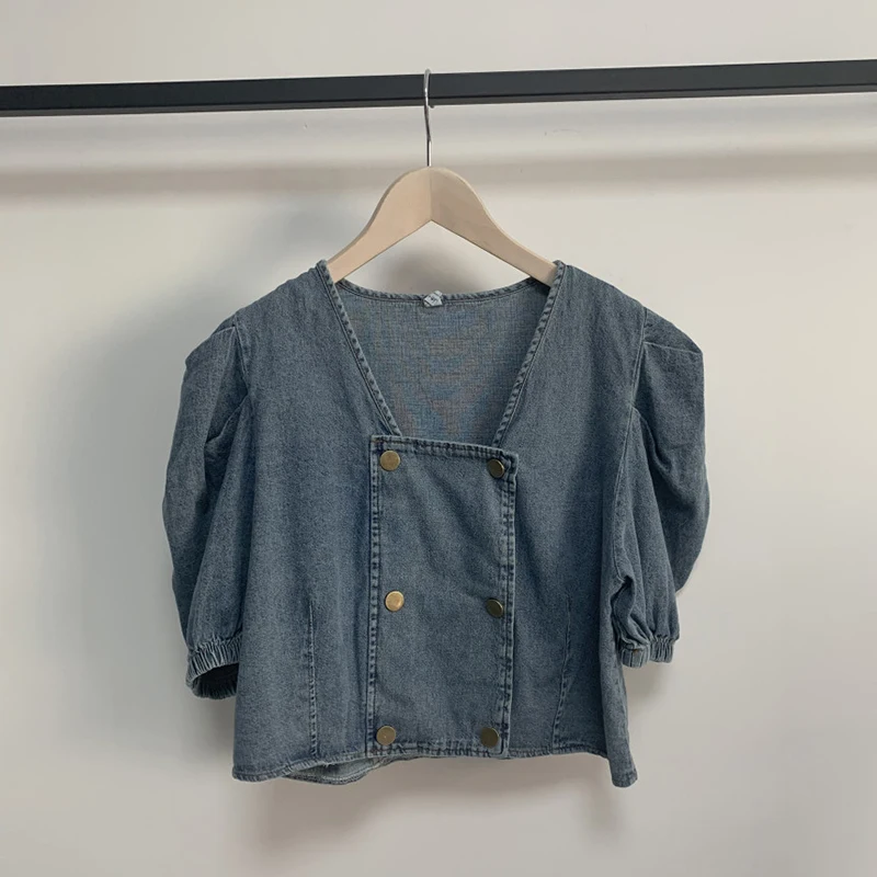 

GALCAUR Denim Shirts For Women Square Collar Puff Short Sleeve Ruched Loose Blue Casual Blouses Female 2021 Summer Clothing Tide
