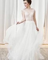 wedding dress a line sheer neck cap sleeve lace appliques illusion button back floor length sweep train elegant bride gown 2021