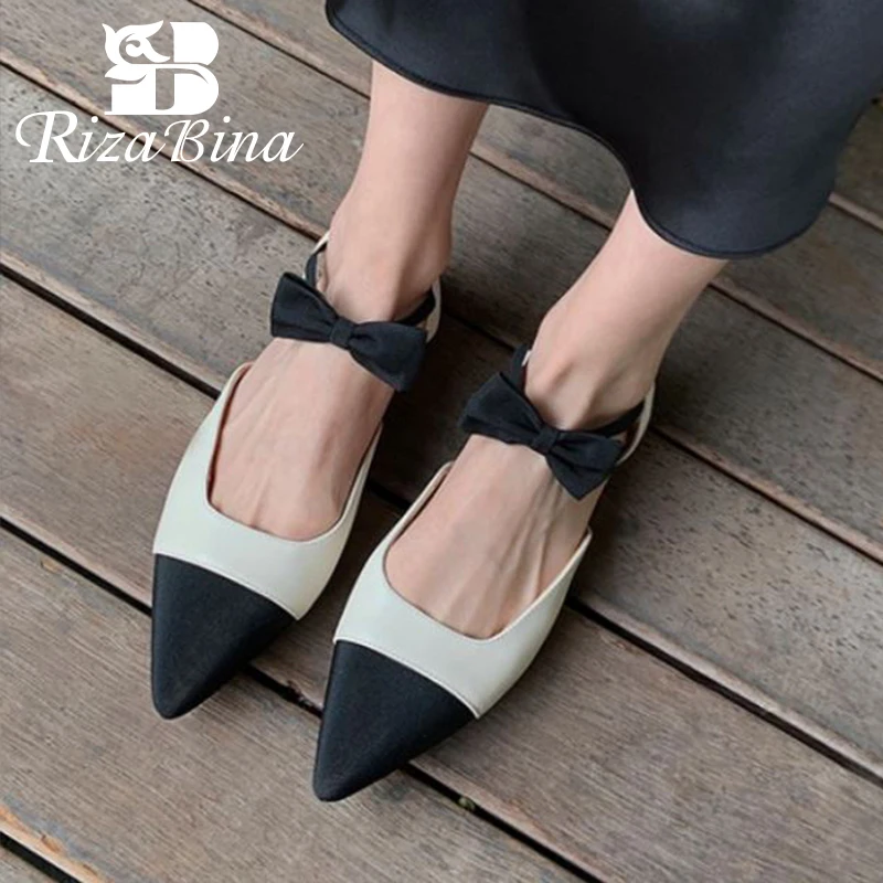 

RizaBina 2021 Women Sandals Real Leather Bowknot Mixed Color Buckles Shoes Women For Summer Flats Fashion Footwear Size 34-40