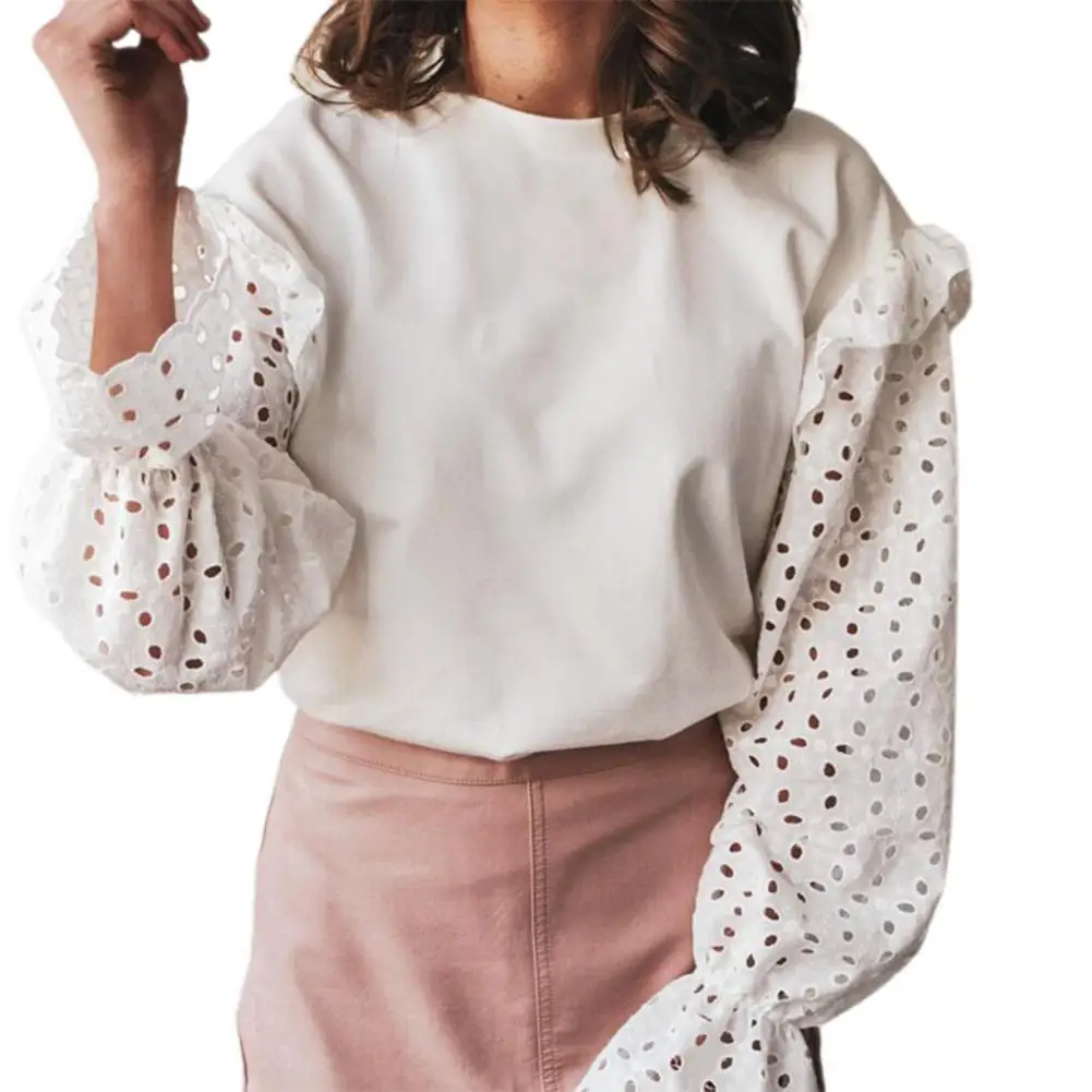 

Fashion White Women Blouse Solid Color Round Neck Patchwork Hollow Out Petal Lace Long Sleeve Blouse Female Accessory for Office