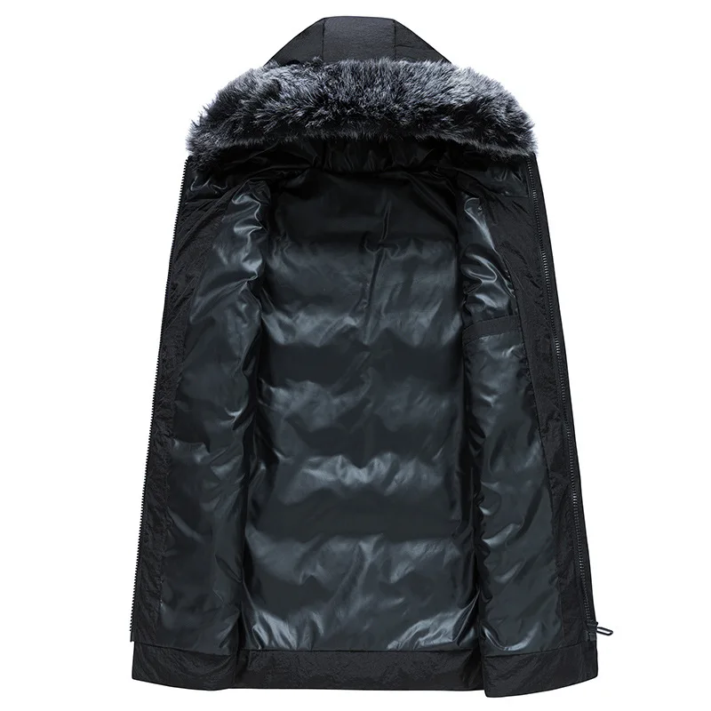 Мужская длинная куртка на белом утином пуху с меховым воротником и карманами