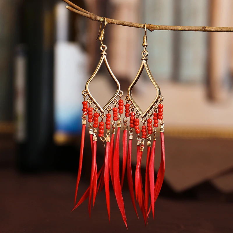 

Colorful Feather Vintage Bohemian Fringed Drop Earrings Palace Wind Temperament fairy earrings Boho Indian Jewelry
