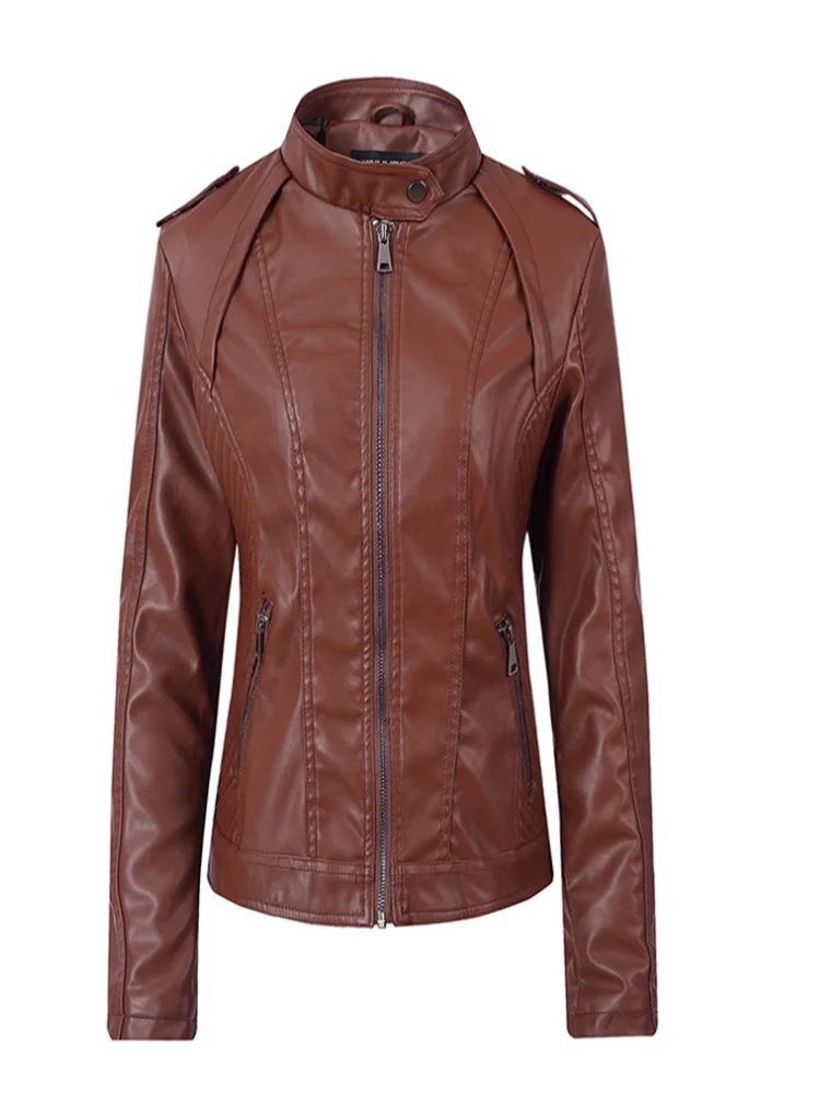 Новая осенняя и зимняя кожаная тонкая короткая женская куртка со стоячим