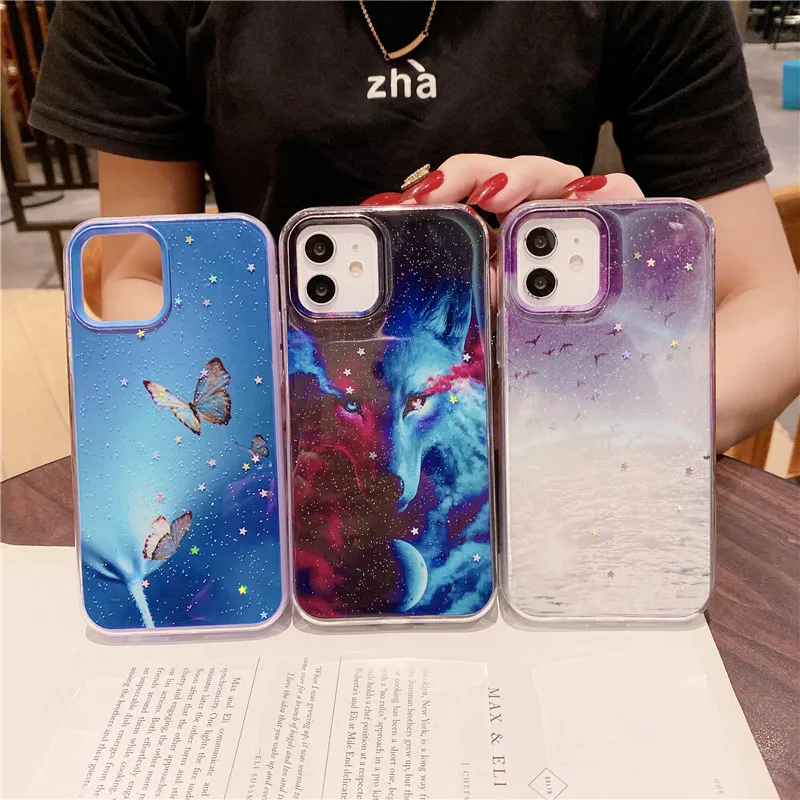 

Transparent Glitter Pattern Two In One Phone Cases Anti-fall Shell Protective Cover For Xiaomi Note 10 Pro For RedMi 9 9C 9A 9T