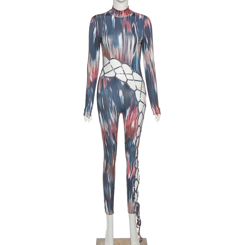 2021  Women Sexy Fashion Print Hollow Out Jumpsuit Cross Lace Up Long Sleeve Romper Night Club Romper One Piece Overalls