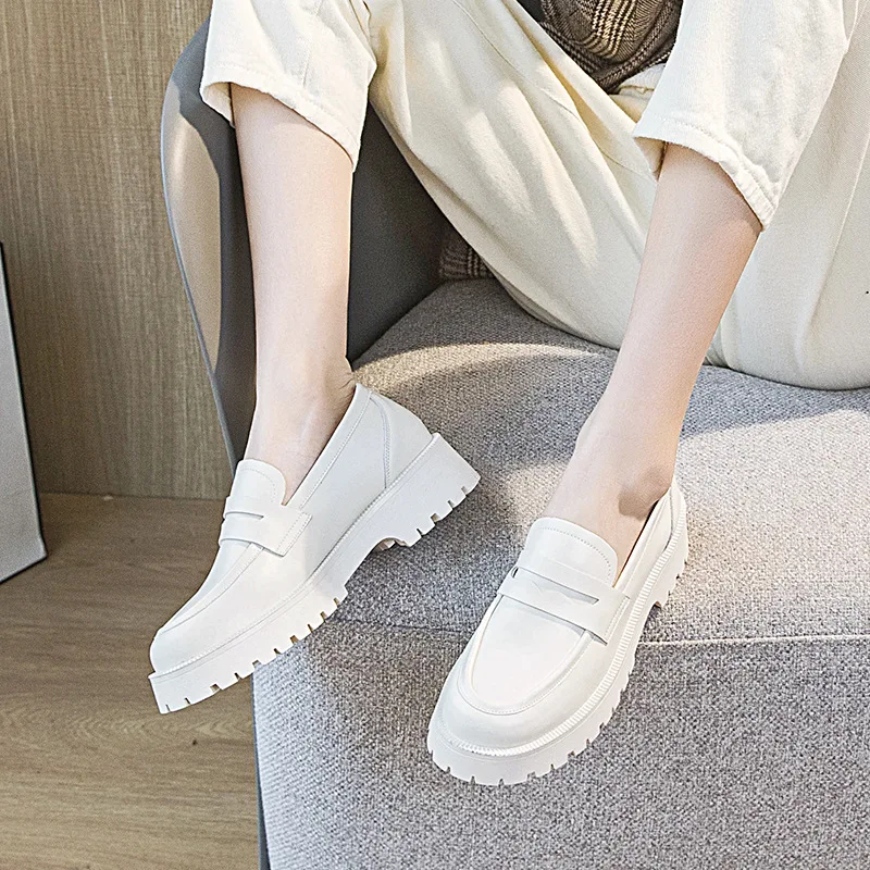 

New British Style Slip-on Shoes Women's Thick-Soled Height Increasing Trendy All-Match Preppy Style Casual White Shoes for Women