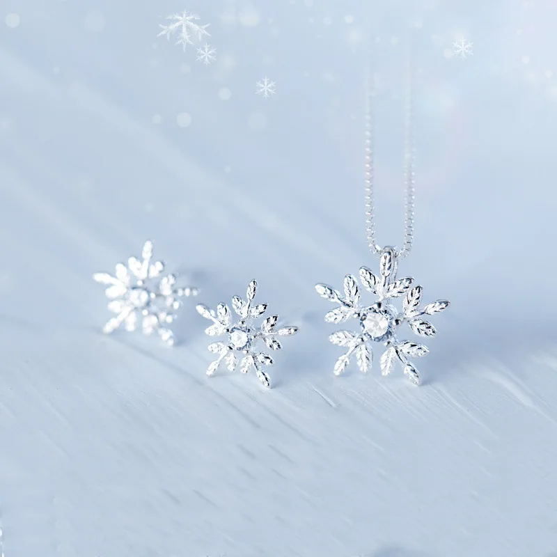 

Fashion Snowflake Cubic Zircon Necklace Women Jewelry Set Christmas Snow Flower Stud Earrings 925 Sterling Silver Gifts