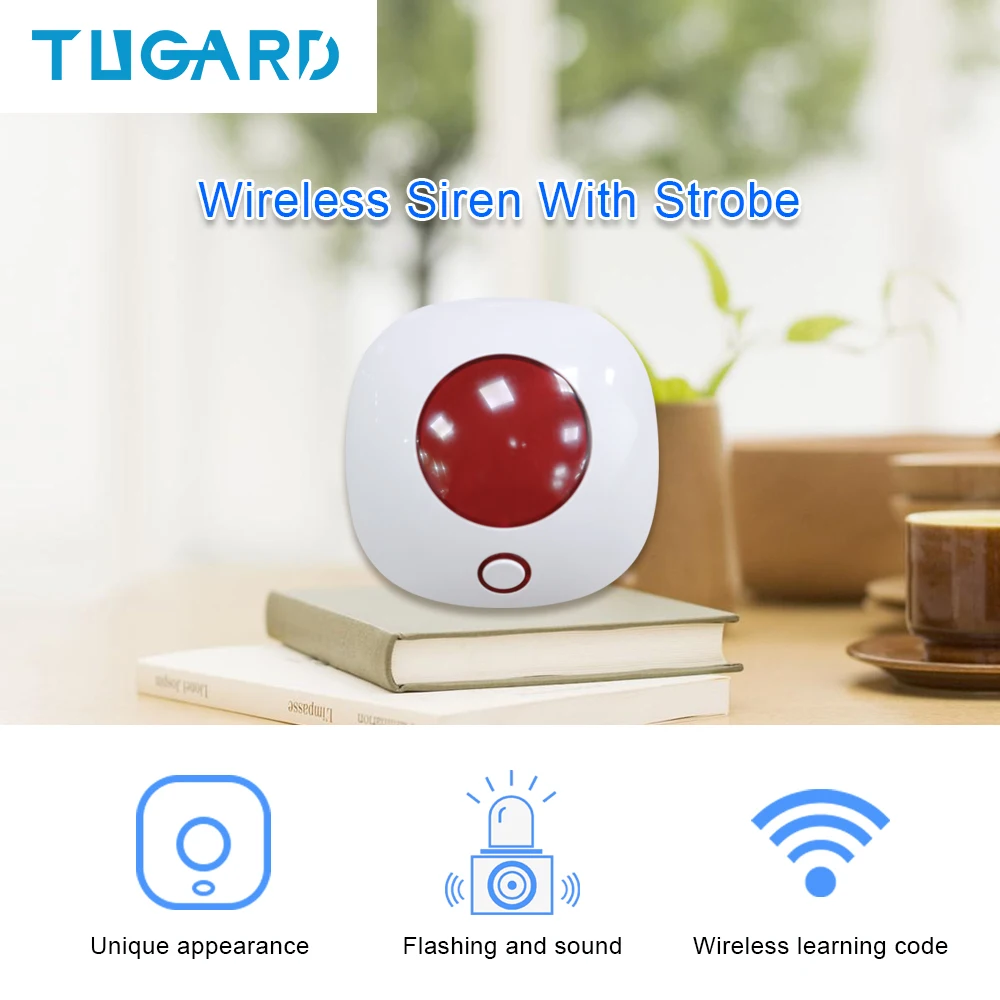 TUGARD SN10 433MHz Wireless Siren Alarm Mini Horn 110dB Light Flash Strobe Siren For Home Security Burglar Alarm Sound System